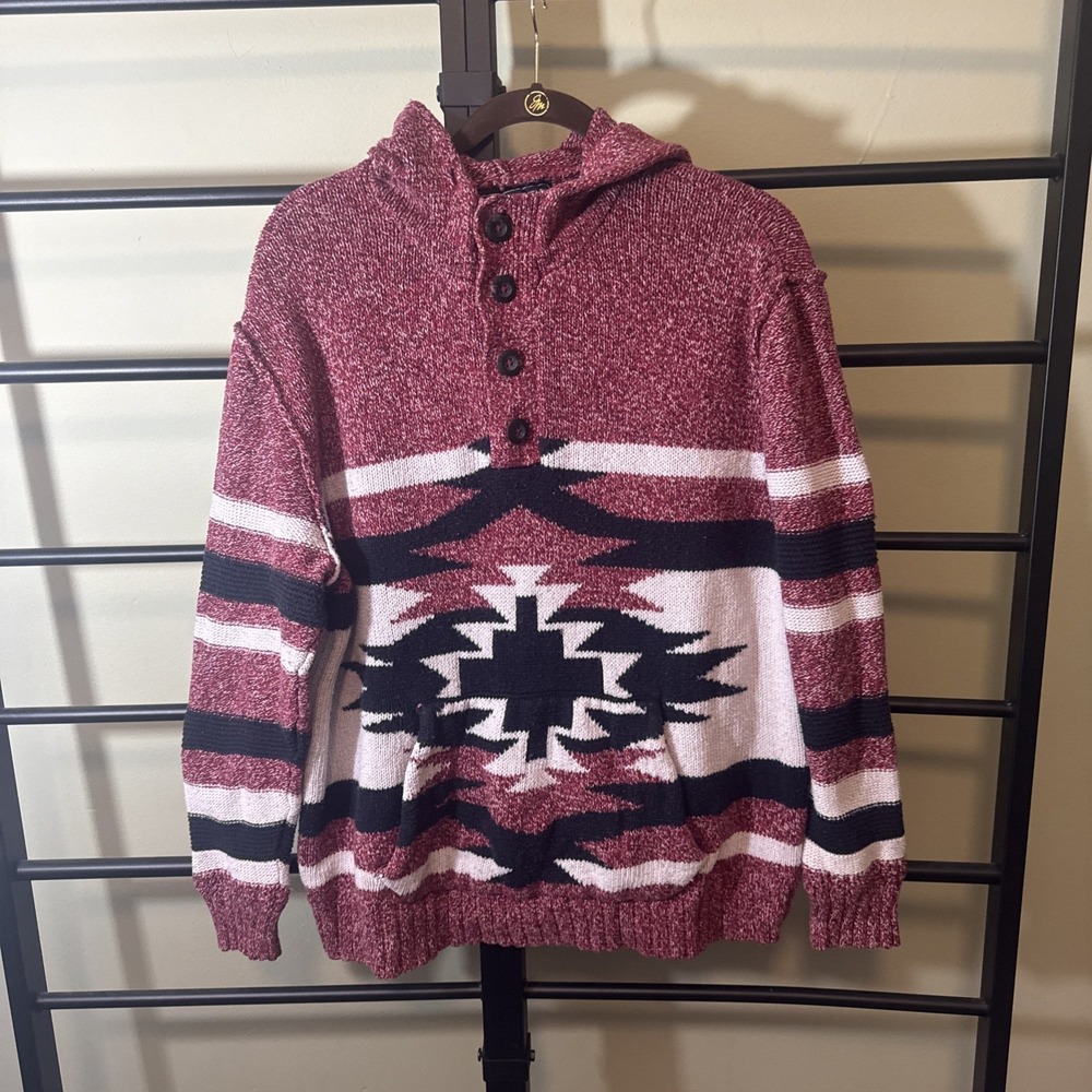 American Eagle Men's Hooded Henley Sweater‎ Red Aztec Tribal Ribbed Hem Size XL